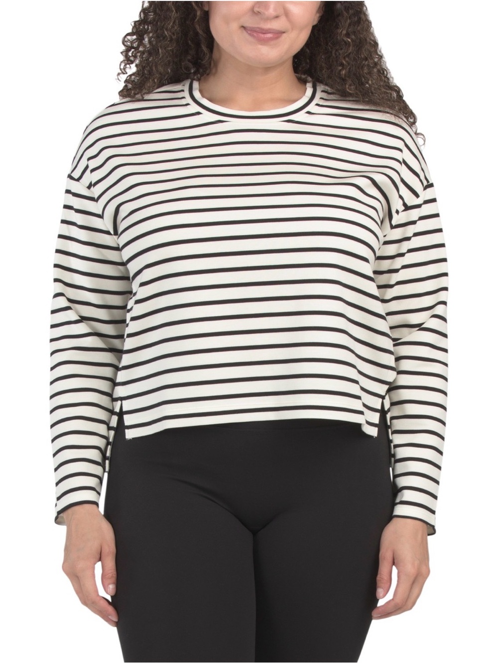SPANX Air Essentials White and Black Striped Long-Sleeve Crewneck Top
